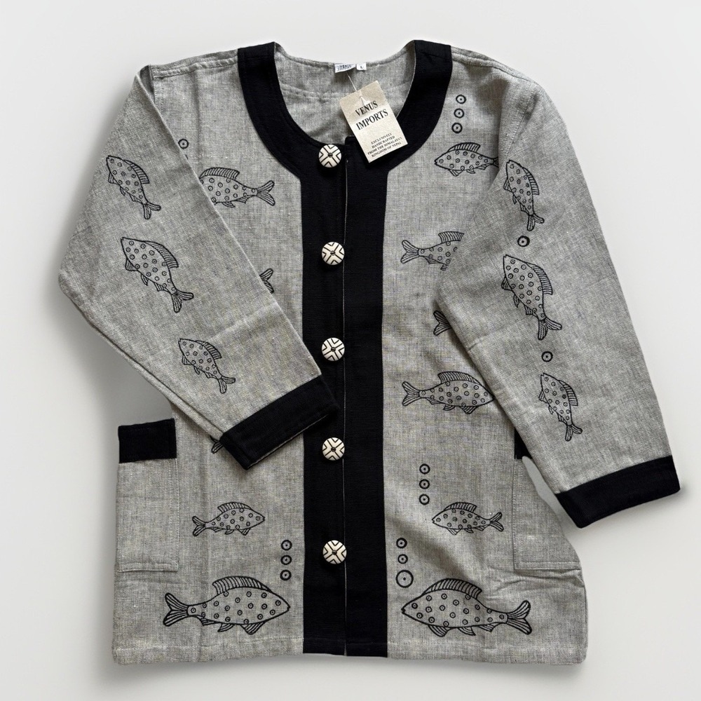 New VTG Venus Imports Fish Print Cotton Jacket Women L Nepal Hand Block Boho Art